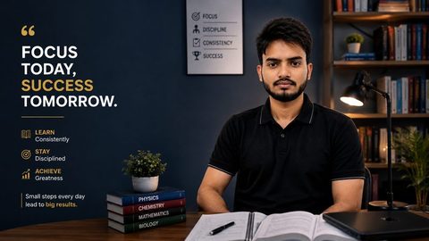 Student at a desk with books, focused on consistent daily study — focus, discipline, consistency, success